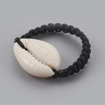 Cowrie Shell Rings, with Nylon Thread Cord, Black, 20mm