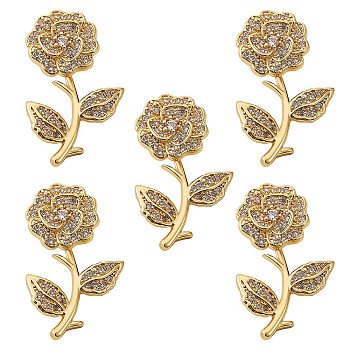 5Pcs Brass Micro Pave Clear Cubic Zirconia Pendants, Nickel Free, Flower, Real 16K Gold Plated, 28x18x8mm, Hole: 2x4mm