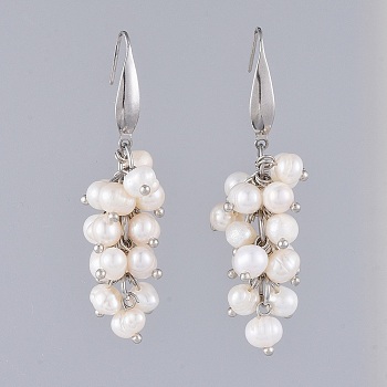 Dangle Earrings, with Natural Pearl, 304 Stainless Steel Earring Hooks and Cardboard Jewelry Set Boxes, White, 55mm, Pin: 0.7mm