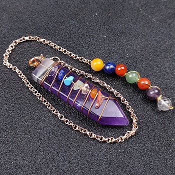 Natural Amethyst & Mixed Stone Braided Bullet Dowsing Pendulum Pendant Decorations, Chakra Yoga Theme Jewelry for Home Display, 48~52mm