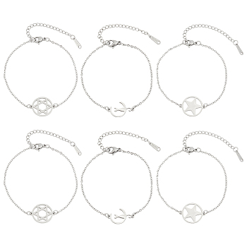 UNICRAFTALE 6Pcs 3 Styles 201 Stainless Steel Pentacle Link Bracelets, with Lobster Claw Clasps, Mixed Shapes, Stainless Steel Color, 2pcs/style