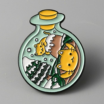 Bottle with Cat Enamel Pin, Electrophoresis Black Alloy Cartoon Animal Badge for Backpack Clothes, Round, 32x25.5x2mm