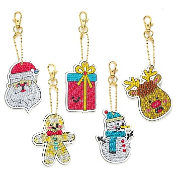 Christmas Theme DIY Diamond Painting Keychain Kit, Including Acrylic Board, Keychain Clasp, Bead Chain, Resin Rhinestones Bag, Diamond Sticky Pen, Tray Plate and Glue Clay, Mixed Shapes, 70mm, 5pcs/set