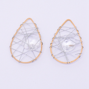 Brass Filigree Joiners Links, with Cubic Zirconia and Iron Wire, Teardrop, Clear, Platinum & Golden, 32x22x6mm, Hole: 5x6mm