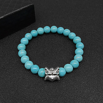 Synthetic Turquoise Stretch Bracelets for Women Men, with Tibetan Style Animals Alloy Beads, Fox, No Size