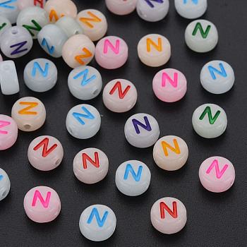 Acrylic Beads, Glow in the Dark, with Enamel and Luminous, Horizontal Hole, Flat Round with Alphabet, Letter.N, 6.5x7x4mm, Hole: 1.6mm, about 3600pcs/500g