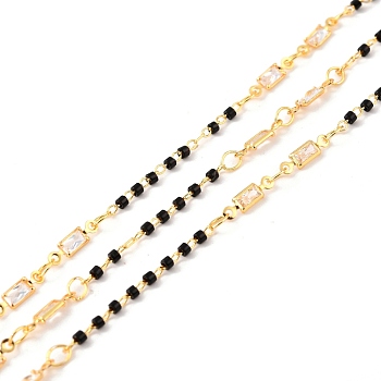 3.28 Feet Handmade Brass Beaded Chains, with Rectangle Cubic Zirconia Links & Column Glass Beads, Long-Lasting Plated, Soldered, Golden, Black, Link: 10x2.5x1.5mm, 1.5x1.5mm