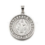 304 Stainless Steel Pendants, with Rhinestone, Religious Theme, Saint, Stainless Steel Color, Flat Round, 32x28x2.5mm, Hole: 3x7mm(STAS-B086-09B-P)
