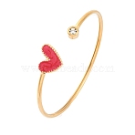 201 Stainless Steel Enamel Cuff Bangles for Women, Heart, with Rhinestone, Gold, Red, Inner Diameter: 2x2-3/8 inch(5.2x6cm)(BJEW-F492-01G-03)