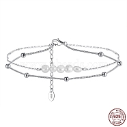 Rhodium Plated 925 Sterling Silver Double Layered Chain Anklet with Natural Freshwater Pearls, Women's Jewelry for Summer Beach, with S925 Stamp, Real Platinum Plated, 8-5/8 inch(22cm)(AJEW-F162-013P)