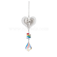Brass Hollow Hanging Ornaments, Stainless Steel Chain and Glass Leaf Tassel for Home Garden Outdoor Decorations, Heart, 260x43mm(HJEW-JM01930-03)