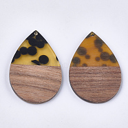 Resin & Walnut Wood Pendants, Teardrop, Goldenrod, 47.5~48x31.5x3mm, Hole: 2mm(RESI-S358-80E)