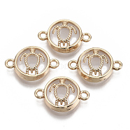 Glass Links connectors, with Light Gold Plated Alloy Findings, Flat Round with Tortoise, Clear, 13.5x19.5x5.5mm, Hole: 1.6mm(GLAA-T015-24H)
