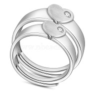 SHEGRACE 925 Sterling Silver Adjustable Couple Rings, with Cubic Zirconia, Heart, Platinum, Size 9, 19.1mm, Size 7, 17.7mm, 2pcs/set(JR716A)