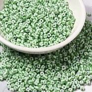 6/0 Opaque Colours Seep Glass Seed Beads, Round Hole, Round with Stripe Pattern, Lime Green, 3~4.5x3~4.5mm, Hole: 1.2~1.5mm, about 450g/bag(SEED-F003-04A-06)