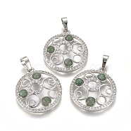 Natural Green Aventurine Pendants, with Platinum Tone Brass Findings and Crystal Rhinestone, Flat Round, 29x25.5x4.5mm, Hole: 4.5x8mm(G-L512-T11)