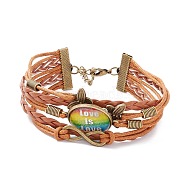 Rainbow Pride Bracelet, Love is Love Word Flat Round & Butterfly Links Multi-strand Bracelet for Men Women, Chocolate, Word, 7-1/4 inch(18.5cm)(BJEW-F426-01F)