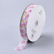 Flower Pattern Printed Polyester Organza Ribbons, White, 1 inch(25mm), about 100yards/roll(ORIB-Q034-06)