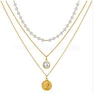 Alloy Pendant Layered Chain Necklaces for Women, Golden, Flat Round, 17.72 inch(45cm)(WGC39CD-13)