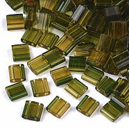 2-Hole Glass Seed Beads, Transparent Spray Painted, Two Tone, Rectangle, Dark Olive Green, 5x4.5~5.5x2~2.5mm, Hole: 0.5~0.8mm(SEED-S023-40C-01)