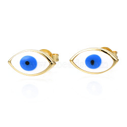 Oval with Evil Eye Stud Earrings, Real 18K Gold Plated Brass Jewelry for Women, Nickel Free, Dodger Blue, 6x11mm, Pin: 0.8mm(EJEW-N011-47)