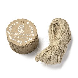 Kraft Paper Gift Tags, Hang Tags, with Jute Twine, Flat Round with Lacework, Word, 4.5x0.05cm, Hole: 5mm, 50pcs(CDIS-L008-B01)