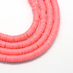 Handmade Polymer Clay Heishi Beads, Disc/Flat Round, Salmon, 8x0.5~1mm, Hole: 2mm, about 380~400pcs/strand, 17.7 inch(X-CLAY-R067-8.0mm-25)