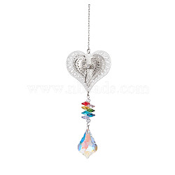 Brass Hollow Hanging Ornaments, Stainless Steel Chain and Glass Leaf Tassel for Home Garden Outdoor Decorations, Heart, 260x43mm(HJEW-JM01930-03)