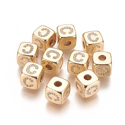 Brass Micro Pave Cubic Zirconia Beads, Horizontal Hole, Real 18K Gold Plated, Long-Lasting Plated, Cube with Letter, Clear, Letter.C, 9x9x9mm, Hole: 3.5mm(KK-K238-16G-C)