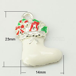 Alloy Enamel Pendants, Cadmium Free & Lead Free, Christmas Stockings for Holiday Jewelry Making, Silver Color Plated, White, 23x14x2.5mm, Hole: 2mm(X-ENAM-C1420-5)