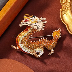 Dragon Alloy Rhinestones Brooches, Flying Dragon Enamel Pins, Light Gold, Champagne Gold, 47x51mm(JEWB-S022-09A)