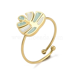 Monstera Leaf 304 Stainless Steel Enamel Ring, 316 Surgical Stainless Steel Open Cuff Ring for Women, Real 18K Gold Plated, Adjustable(RJEW-A038-08G)