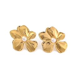 304 Stainless Steel with Plastic Imitation Pearl Stud Earrings for Women, Flower, Golden, 27x33mm(EJEW-Z057-04G)