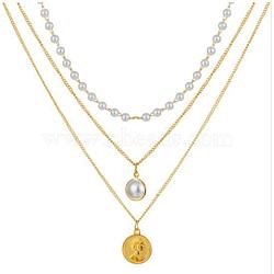 Alloy Pendant Layered Chain Necklaces for Women, Golden, Flat Round, 17.72 inch(45cm)(WGC39CD-13)