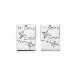 Brass Micro Pave Clear Cubic Zirconia Charms, Nickel Free, Rectangle with Word Dreams Come True, Real Platinum Plated, 13x9x1mm, Hole: 0.8mm(KK-S364-012)