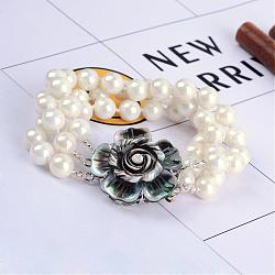 Shell Pearl Multi-strand Bracelets, with Flower Shell Beads and Brass Box Clasps, White, 215mm(8-1/2 inch)(BJEW-Q675-01A)