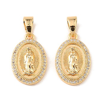 Brass & Clear Cubic Zirconia Pendants, Oval with Virgin Pattern Charms, Real 18K Gold Plated, 20x13x4mm, Hole: 6.5x4mm