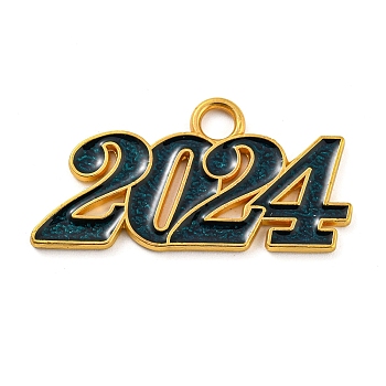 Alloy Enamel Pendants, Lead Free and Cadmium Free, Number 2024 Charm, Golden, Prussian Blue, 18.5x36.5x1.5mm, Hole: 4mm