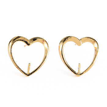 Brass Stud Earring Findings, for Half Drilled Beads, with 925 Sterling Silver Pins, Nickel Free, Heart, Real 18K Gold Plated, 16x16mm, Pin: 0.7mm, Pin: 0.8mm(for half drilled beads)