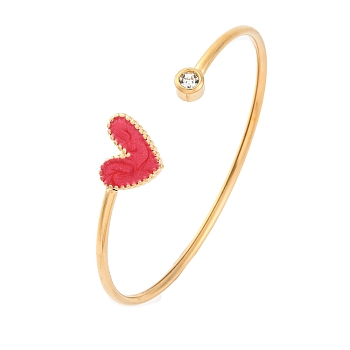 201 Stainless Steel Enamel Cuff Bangles for Women, Heart, with Rhinestone, Gold, Red, Inner Diameter: 2x2-3/8 inch(5.2x6cm)
