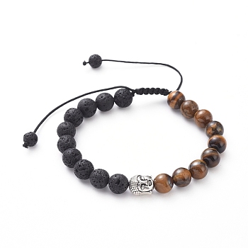 Unisex Adjustable Nylon Thread Braided Bead Bracelets, with Natural Lava Rock & Tiger Eye Round Beads, Tibetan Style Alloy Beads, Buddha, 5.8~10cm