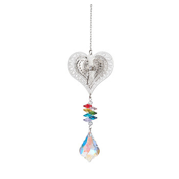 Brass Hollow Hanging Ornaments, Stainless Steel Chain and Glass Leaf Tassel for Home Garden Outdoor Decorations, Heart, 260x43mm