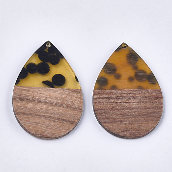 Resin & Walnut Wood Pendants, Teardrop, Goldenrod, 47.5~48x31.5x3mm, Hole: 2mm
