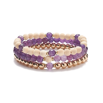 3Pcs 3 Style Natural Wood  & Amethyst & Synthetic Hematite Beaded Stretch Bracelets Set, Gemstone Jewelry for Women, Inner Diameter: 2-3/8~2-1/2 inch(6~6.5cm), 1Pc/style