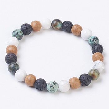 Natural African Turquoise(Jasper) Stretch Bracelets, with Natural Howlite & Lava Rock and Sandalwood Beads, Round, 2-1/8 inch(5.5cm), Bead: 8~8.5mm