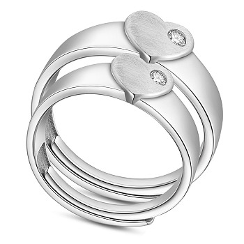 SHEGRACE 925 Sterling Silver Adjustable Couple Rings, with Cubic Zirconia, Heart, Platinum, Size 9, 19.1mm, Size 7, 17.7mm, 2pcs/set