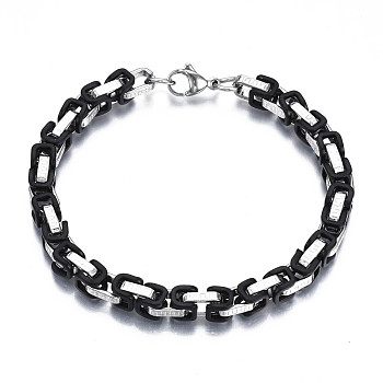 Two Tone 201 Stainless Steel Byzantine Chain Bracelet for Men Women, Nickel Free, Black, 8-5/8 inch(22cm)