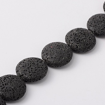 Natural Lava Rock Beads Strands, Flat Round, Dyed, Black, 20~21.5x7~8mm, Hole: 1mm, about 19pcs/strand, 15.35 inch