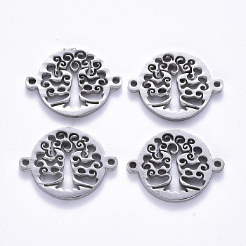201 Stainless Steel Links Connectors, Laser Cut, Flat Round with Tree of Life, Stainless Steel Color, 14.5x19x1.5mm, Hole: 1.2mm