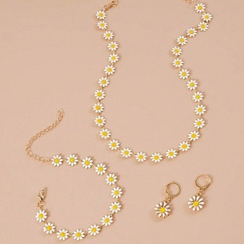 Daisy Alloy Enamel Link Chain Necklaces & Link Bracelets & Hoop Earrings Sets, Golden, 380mm